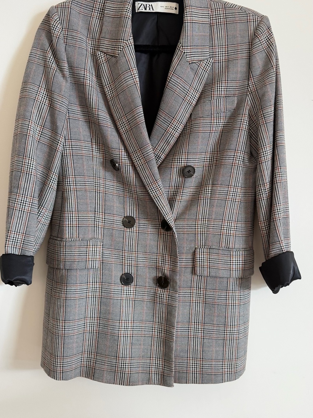 ZARA Gray Plaid Double-Breasted Blazer with Subtle Red Windowpane